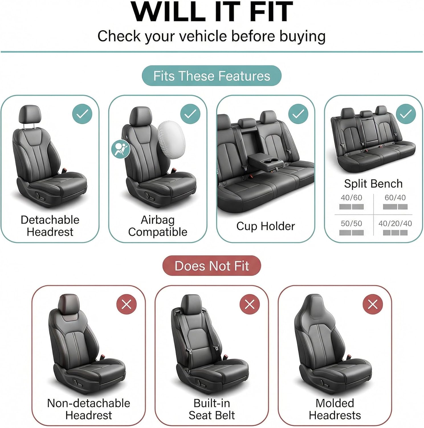 FH Group Universal Car Seat Covers Full Set for SUV Truck Sedan Vans | All-Purpose Cloth Seat Cover Set Airbag Compatible Washable Split Bench Protector Interior Upgrade - Black - Image 2