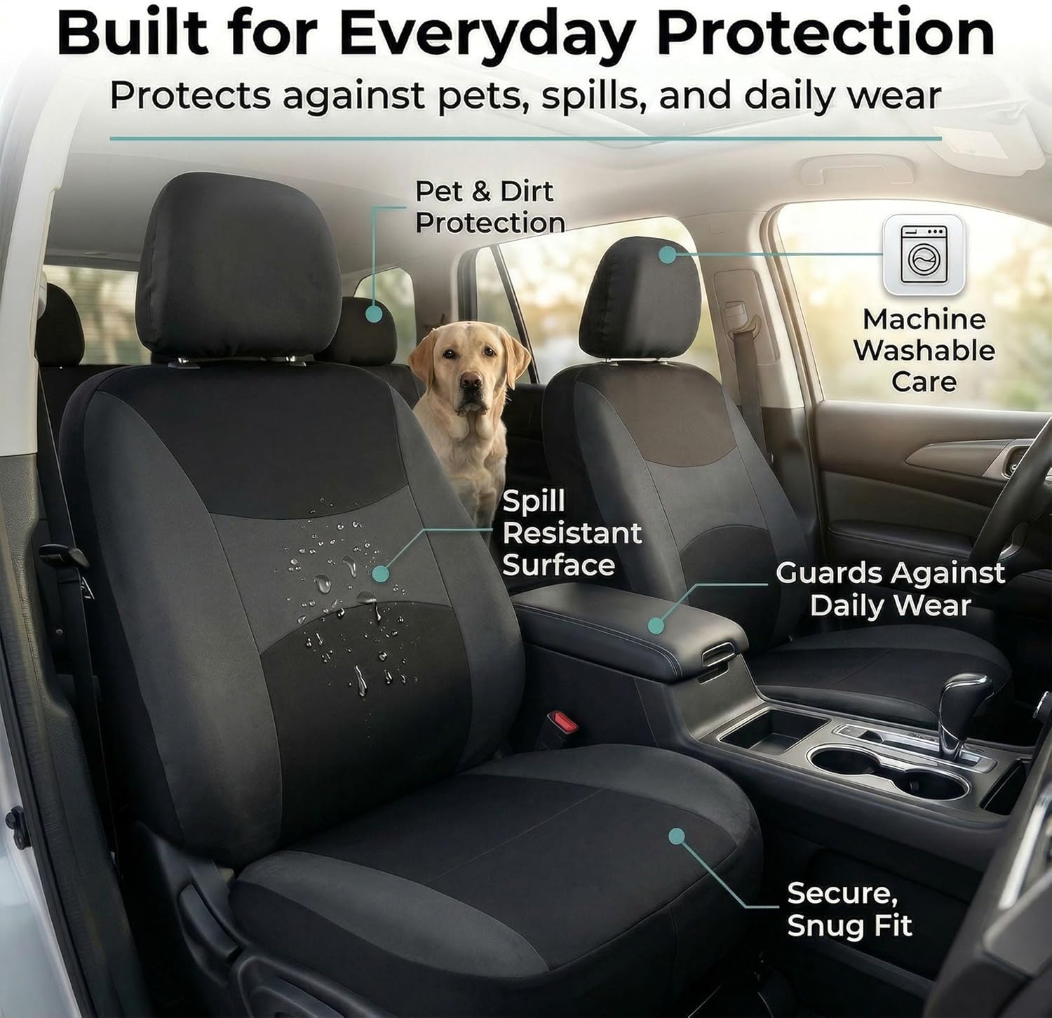 FH Group Universal Car Seat Covers Full Set for SUV Truck Sedan Vans | All-Purpose Cloth Seat Cover Set Airbag Compatible Washable Split Bench Protector Interior Upgrade - Black - Image 8