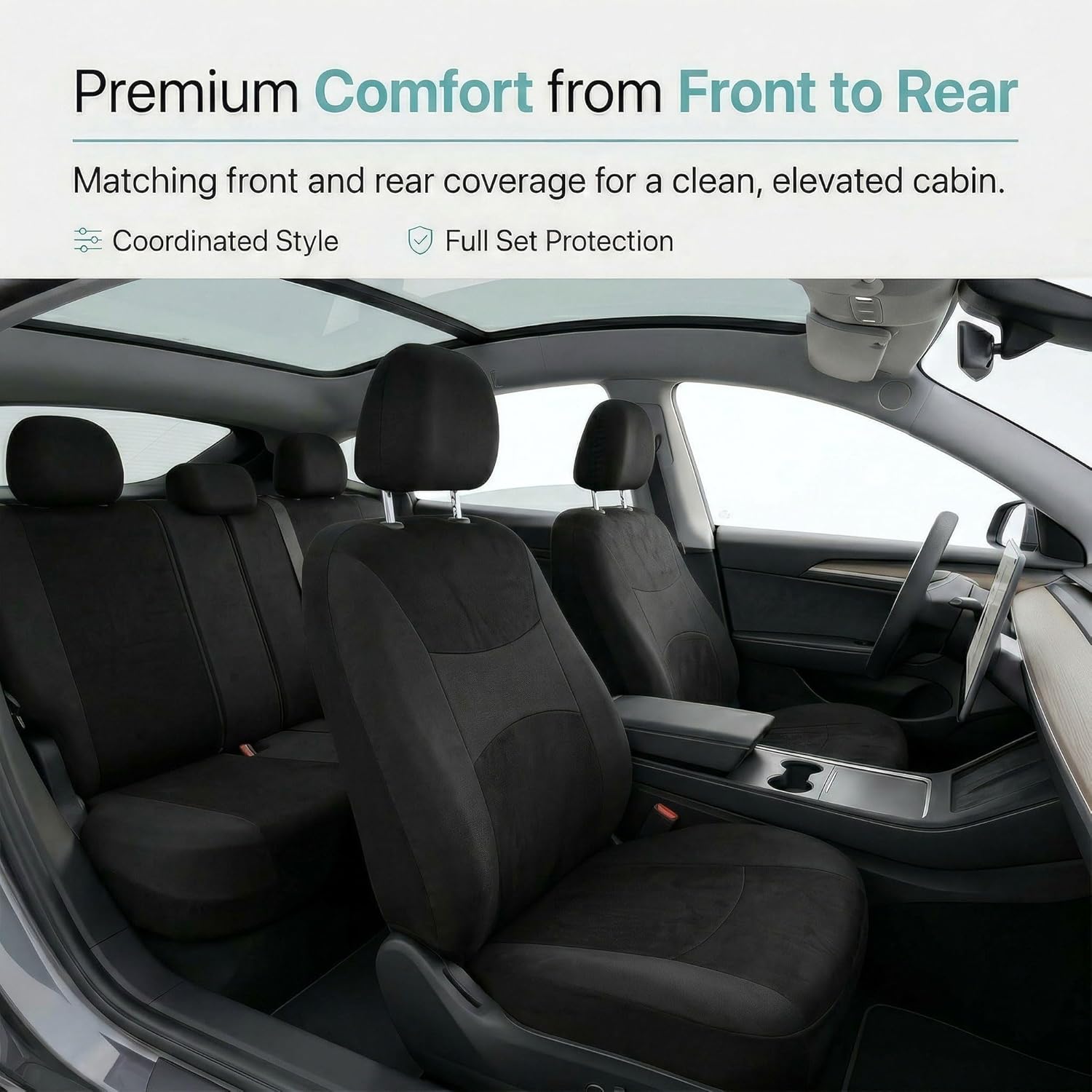 FH Group Universal Car Seat Covers Full Set for SUV Truck Sedan Vans | All-Purpose Cloth Seat Cover Set Airbag Compatible Washable Split Bench Protector Interior Upgrade - Black - Image 9