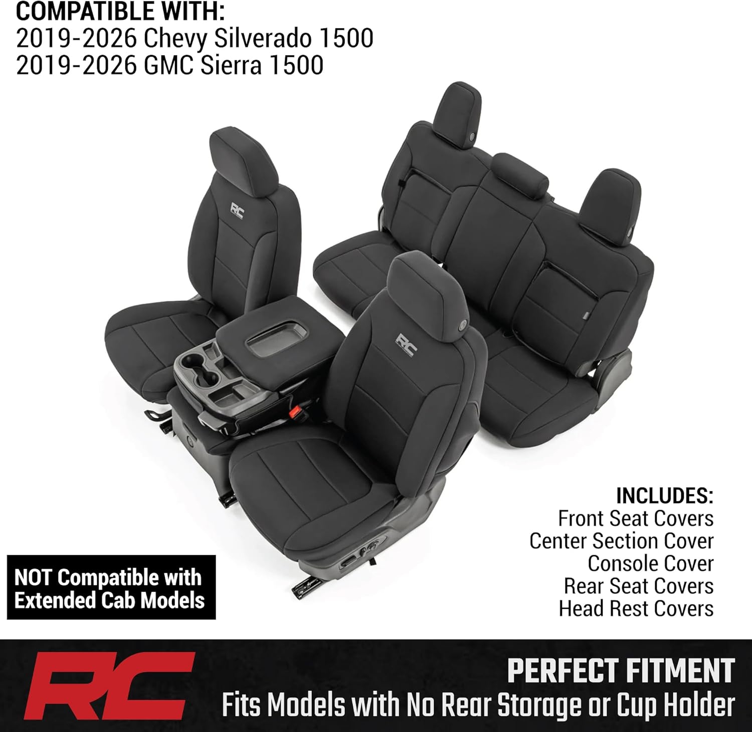 Rough Country Neoprene Seat Covers for Chevy Silverado & GMC Sierra 1500 (2019-2026) w/No Rear Seat Storage or Cup Holder - Waterproof & UV Resistant, Foam Padded, Front & Rear Row Cover Set - Image 7